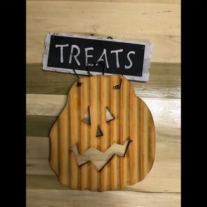 Metal Treats sign Halloween decor.